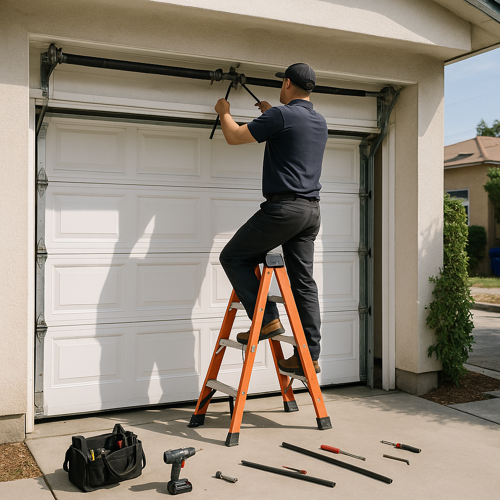 Technician repairing garage door spring with tools.