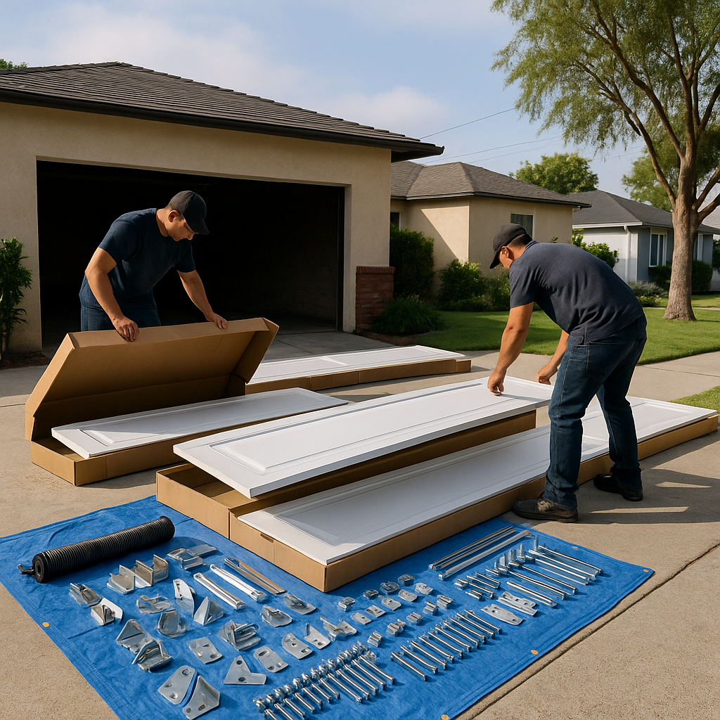 Garage door installation in progress, new doors and hardware laid out.