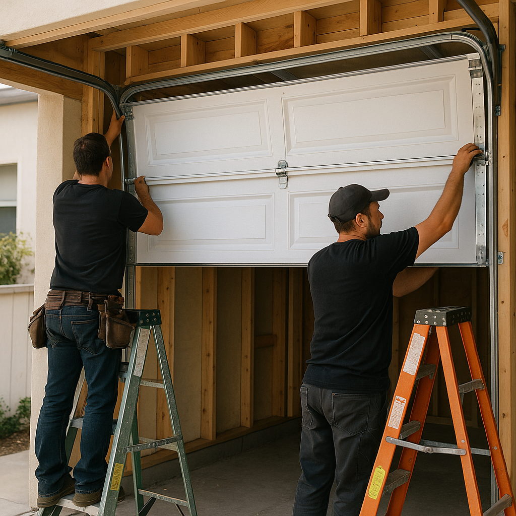 Professionals installing a white garage door