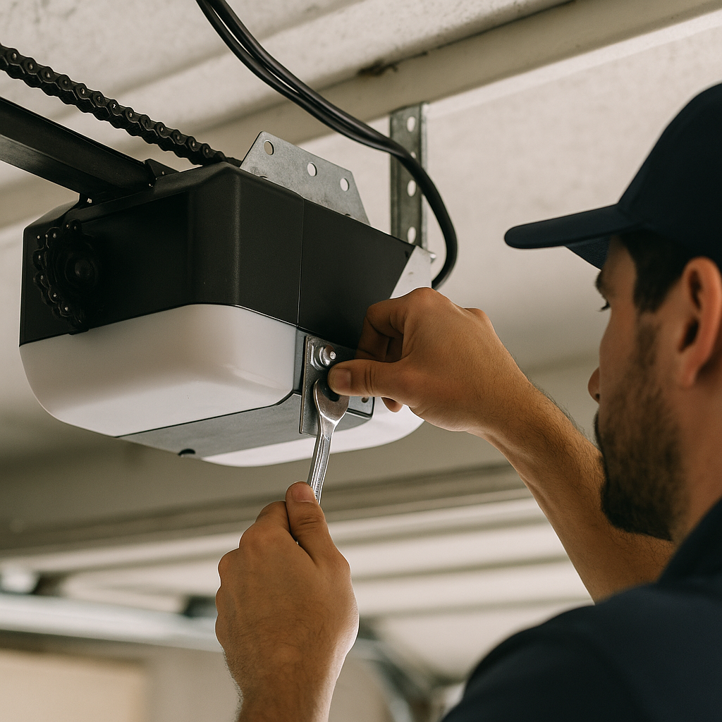 Technician adjusts garage door opener mechanism with wrench