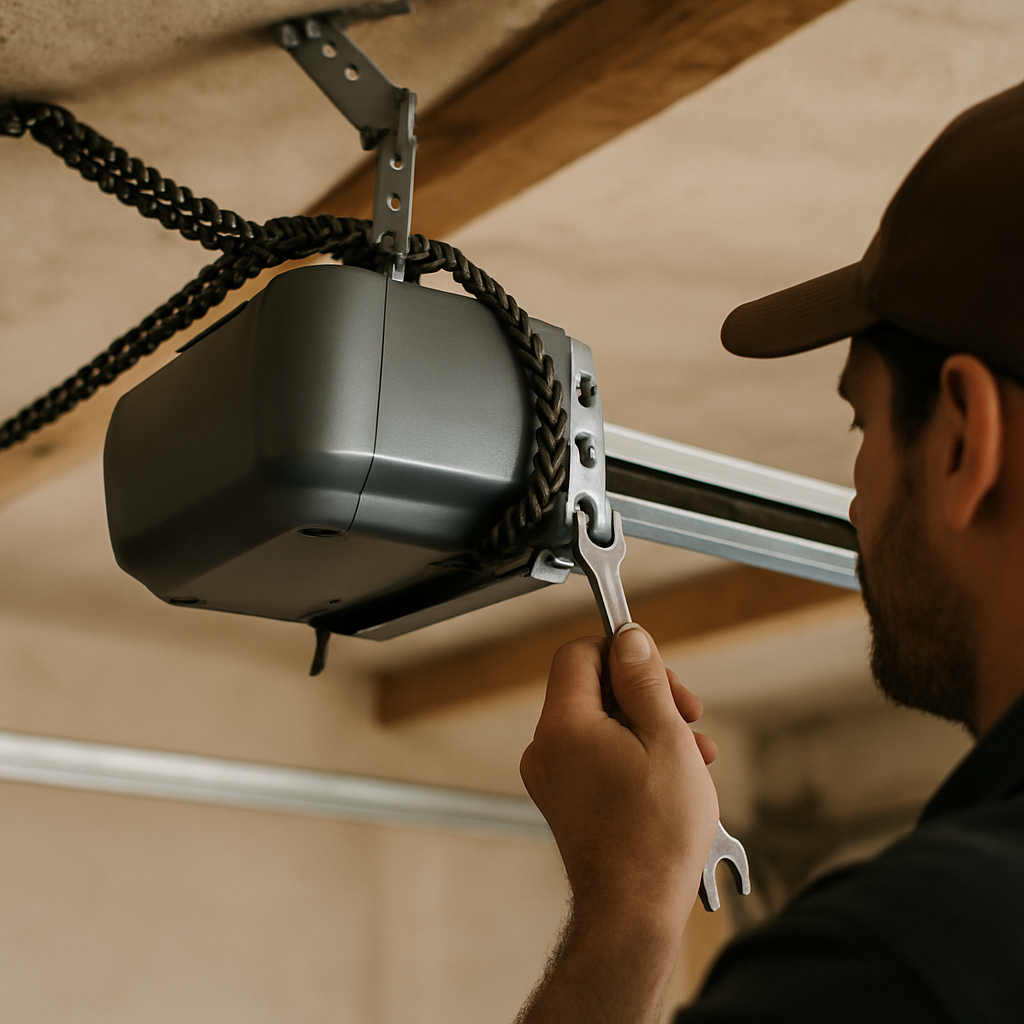 Garage door opener repair, professional adjusting chain with wrench.