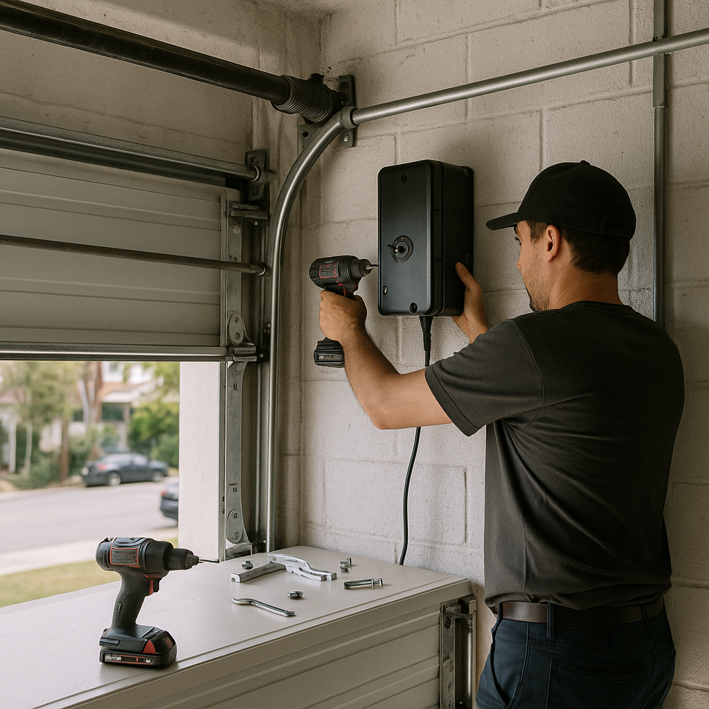 Professional installs garage door opener system