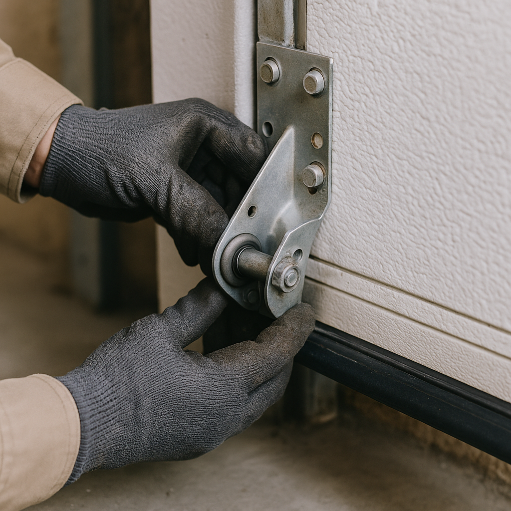 Close-up of hands in gloves repairing garage door parts and hardware. in Culver City, CA