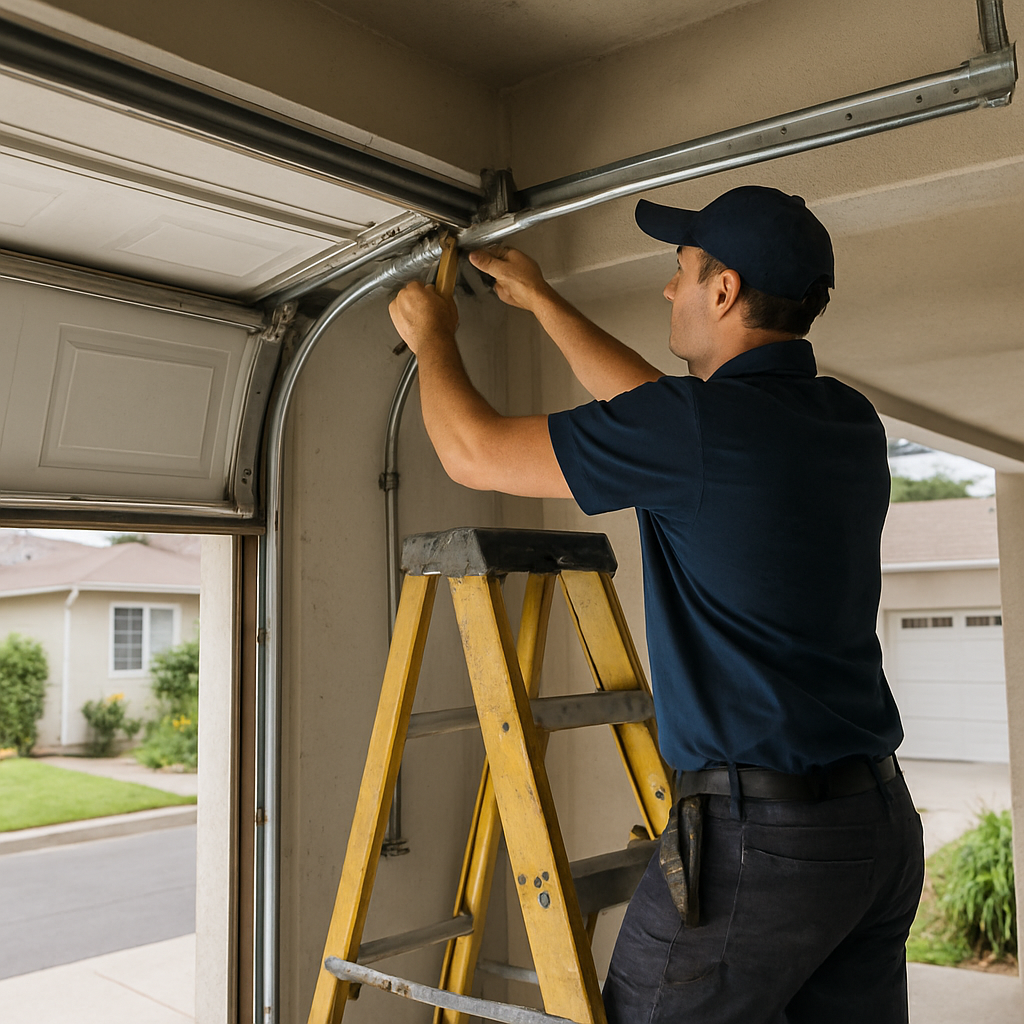Technician installing garage door parts for repair and maintenance in Culver City, CA