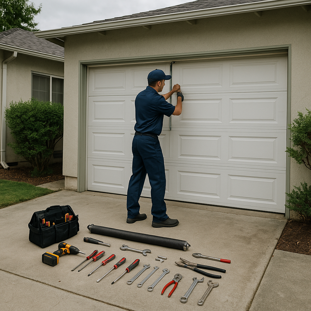 Garage door technician servicing garage door parts in Culver City, CA