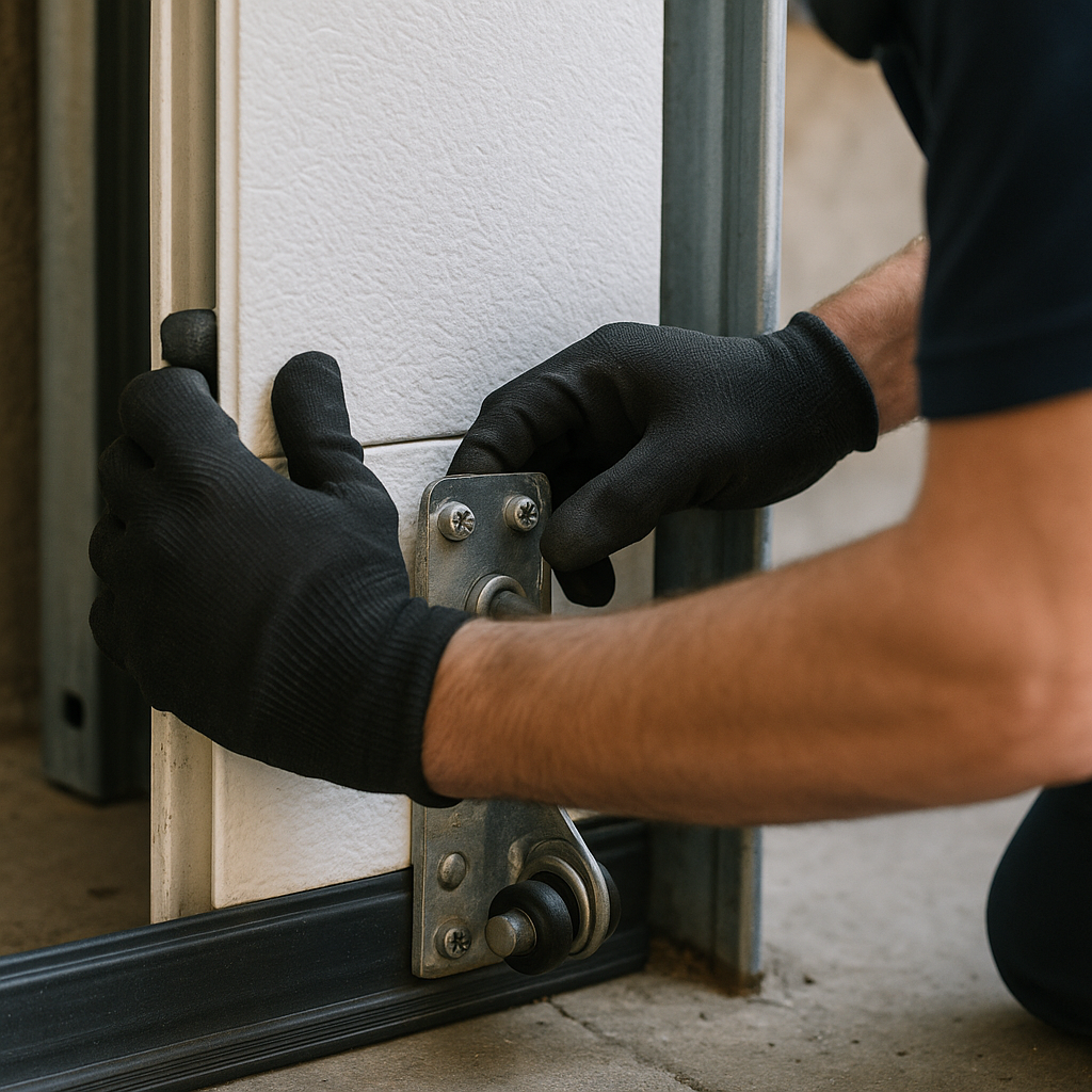 Gloved hands performing emergency garage door repair on white door in Culver City, CA