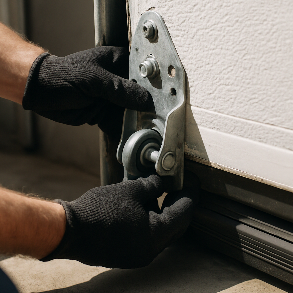Garage door roller repair by gloved hands in El Segundo, CA